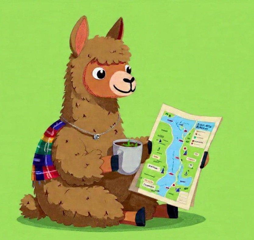 Alpaca mirando un mapa con un mate